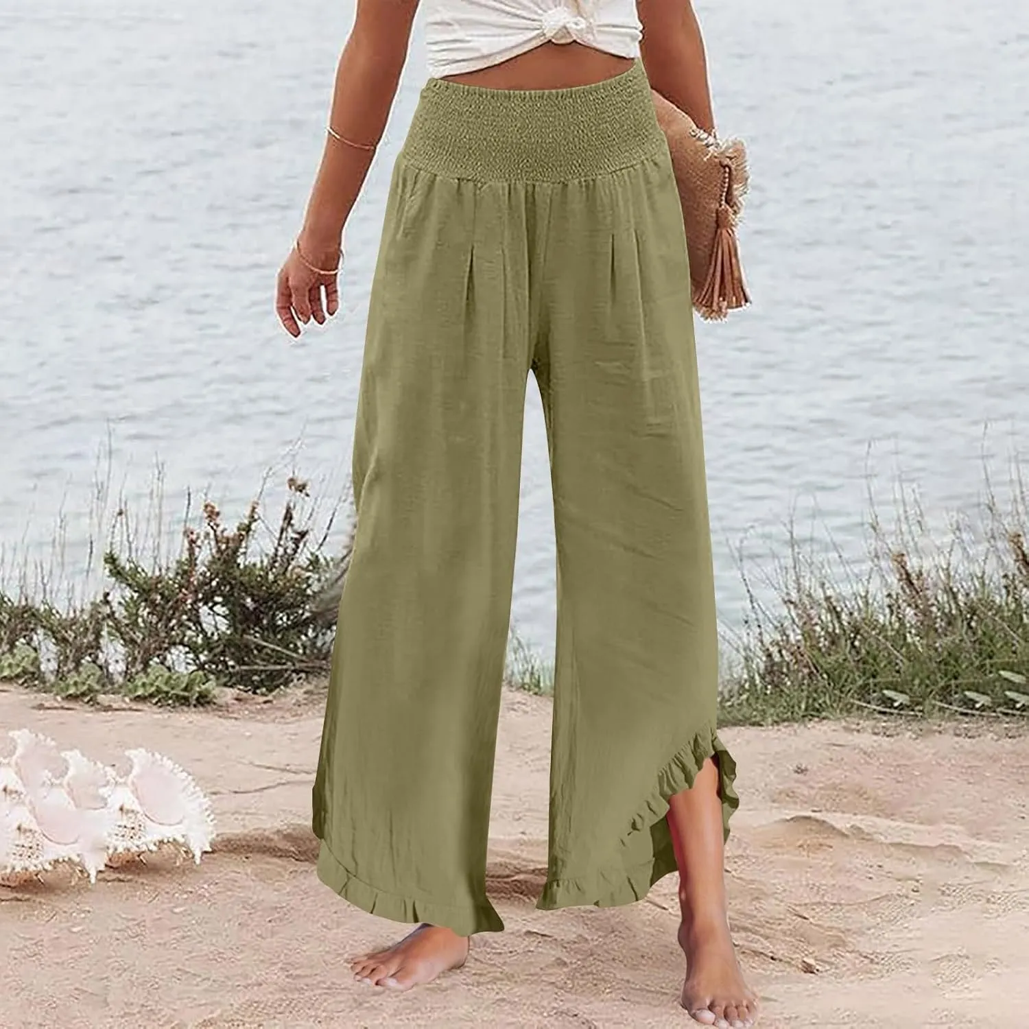 Women Linen Pants with Pockets Casual Summer Wide Leg Pants Smocked Waist Ruffle Hem Palazzo Pants Flowy Beach Pants