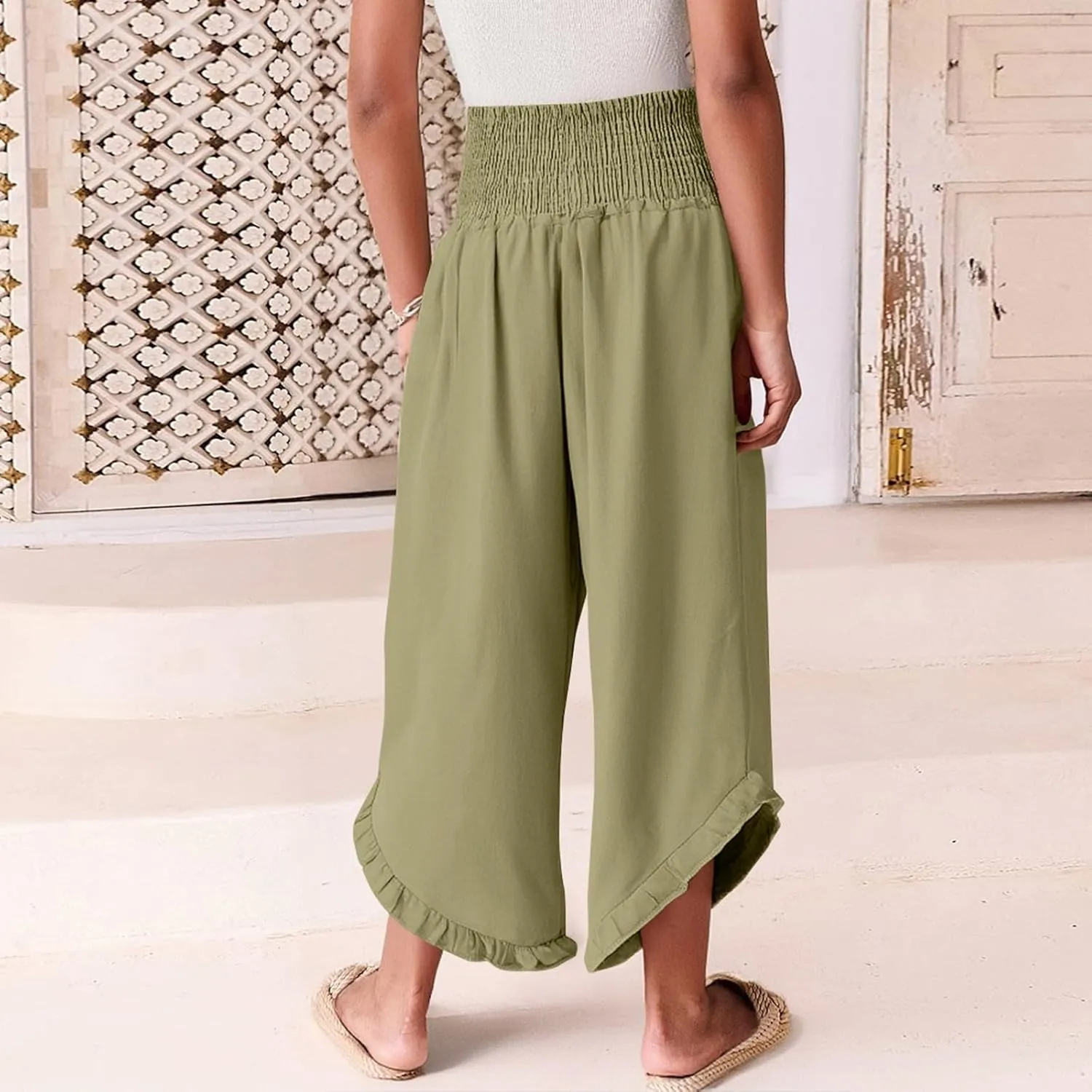 Women Linen Pants with Pockets Casual Summer Wide Leg Pants Smocked Waist Ruffle Hem Palazzo Pants Flowy Beach Pants