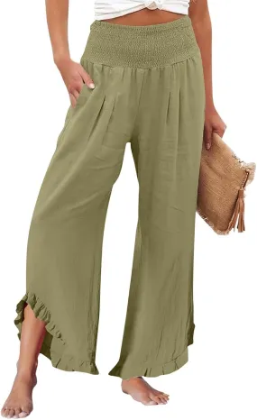 Women Linen Pants with Pockets Casual Summer Wide Leg Pants Smocked Waist Ruffle Hem Palazzo Pants Flowy Beach Pants