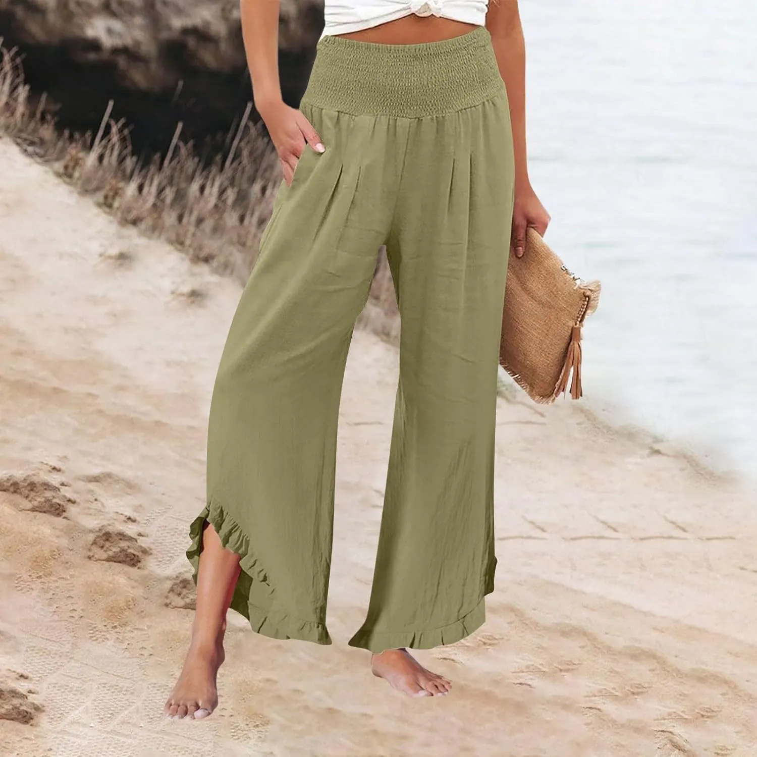 Women Linen Pants with Pockets Casual Summer Wide Leg Pants Smocked Waist Ruffle Hem Palazzo Pants Flowy Beach Pants