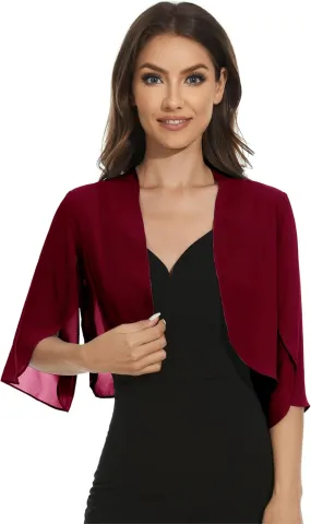 Womens Chiffon 3/4 Sleeve Shrugs Lightweight Open Front Cropped Cardigan for Dress