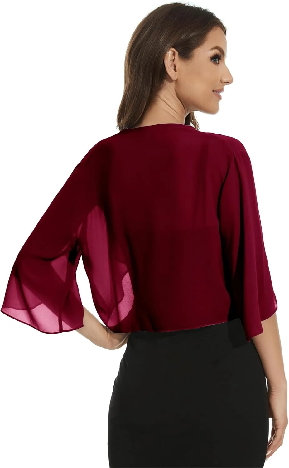 Womens Chiffon 3/4 Sleeve Shrugs Lightweight Open Front Cropped Cardigan for Dress