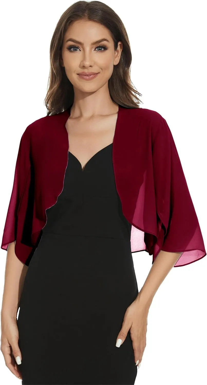 Womens Chiffon 3/4 Sleeve Shrugs Lightweight Open Front Cropped Cardigan for Dress