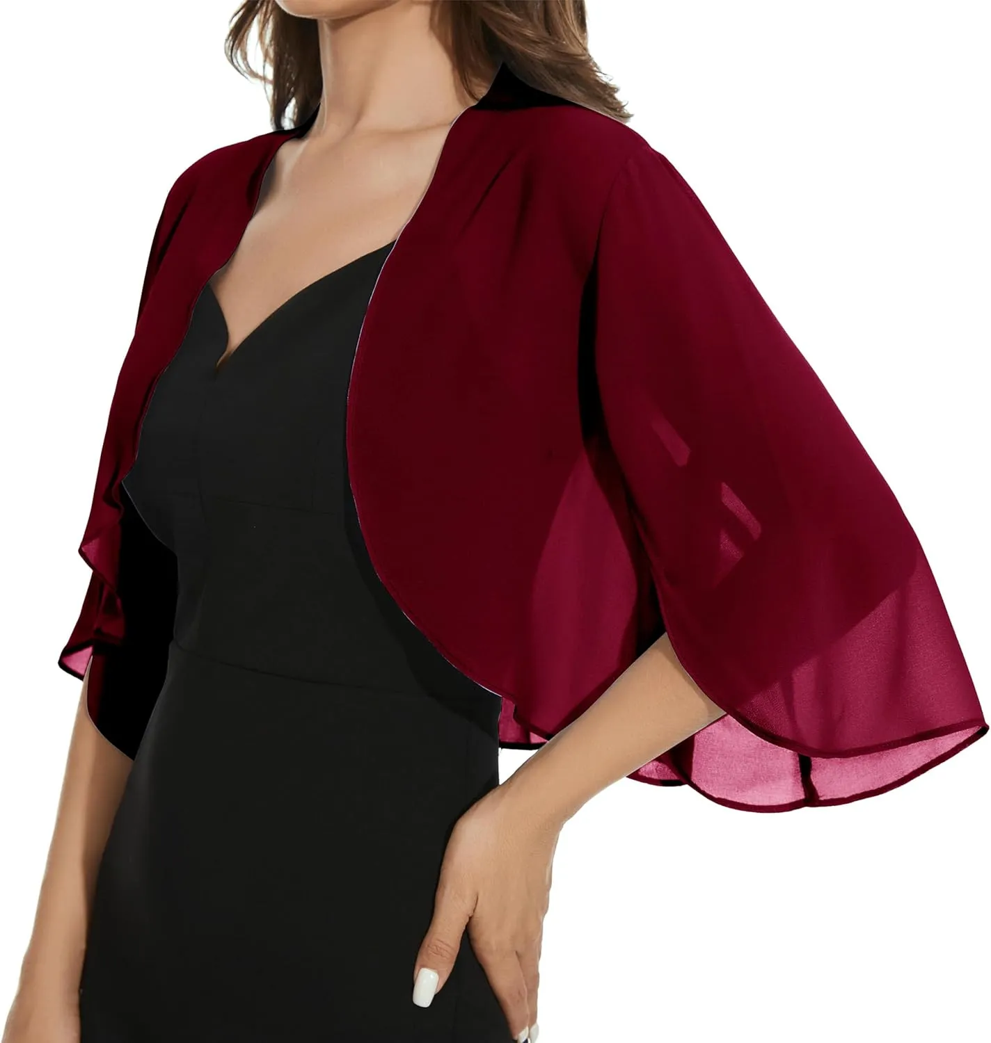 Womens Chiffon 3/4 Sleeve Shrugs Lightweight Open Front Cropped Cardigan for Dress