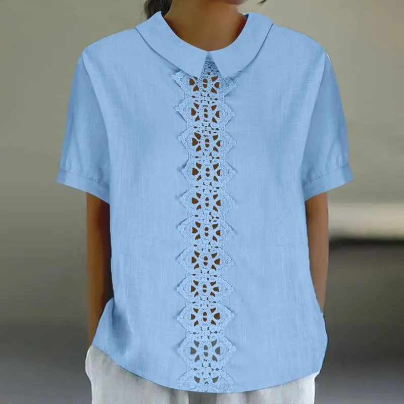 Women's Cotton Linen Shirts Summer Casual Short Sleeve T Shirt Comfy Loose Lapel Pullover Lace Tops