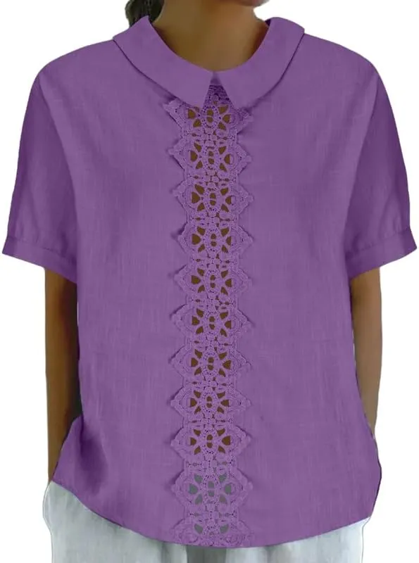 Women's Cotton Linen Shirts Summer Casual Short Sleeve T Shirt Comfy Loose Lapel Pullover Lace Tops