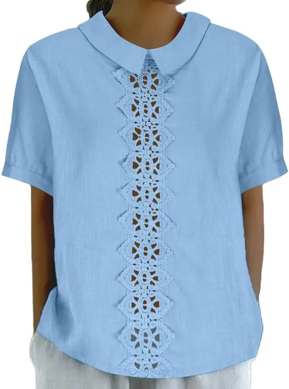 Women's Cotton Linen Shirts Summer Casual Short Sleeve T Shirt Comfy Loose Lapel Pullover Lace Tops