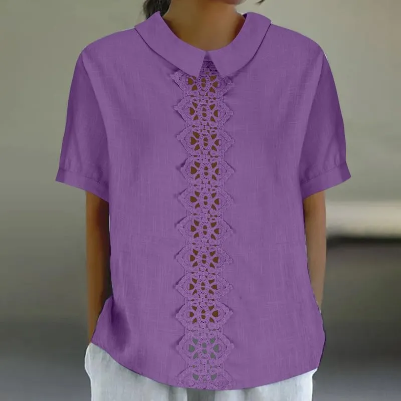 Women's Cotton Linen Shirts Summer Casual Short Sleeve T Shirt Comfy Loose Lapel Pullover Lace Tops