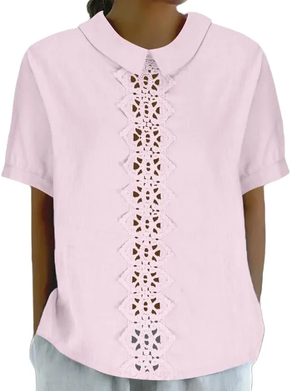 Women's Cotton Linen Shirts Summer Casual Short Sleeve T Shirt Comfy Loose Lapel Pullover Lace Tops