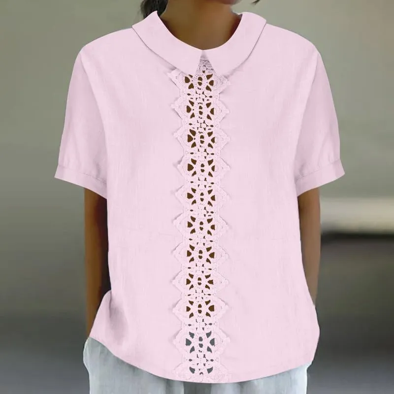 Women's Cotton Linen Shirts Summer Casual Short Sleeve T Shirt Comfy Loose Lapel Pullover Lace Tops