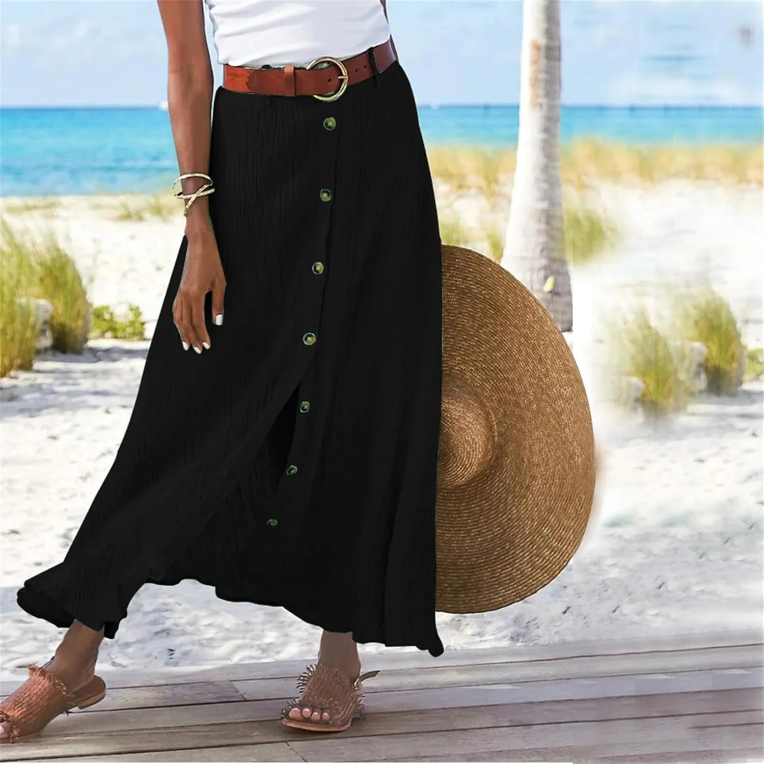 Womens Cotton Linen Skirts Button Down High Waist A Line Long Skirt Flowy Lightweight Slit Beach Maxi Skirt