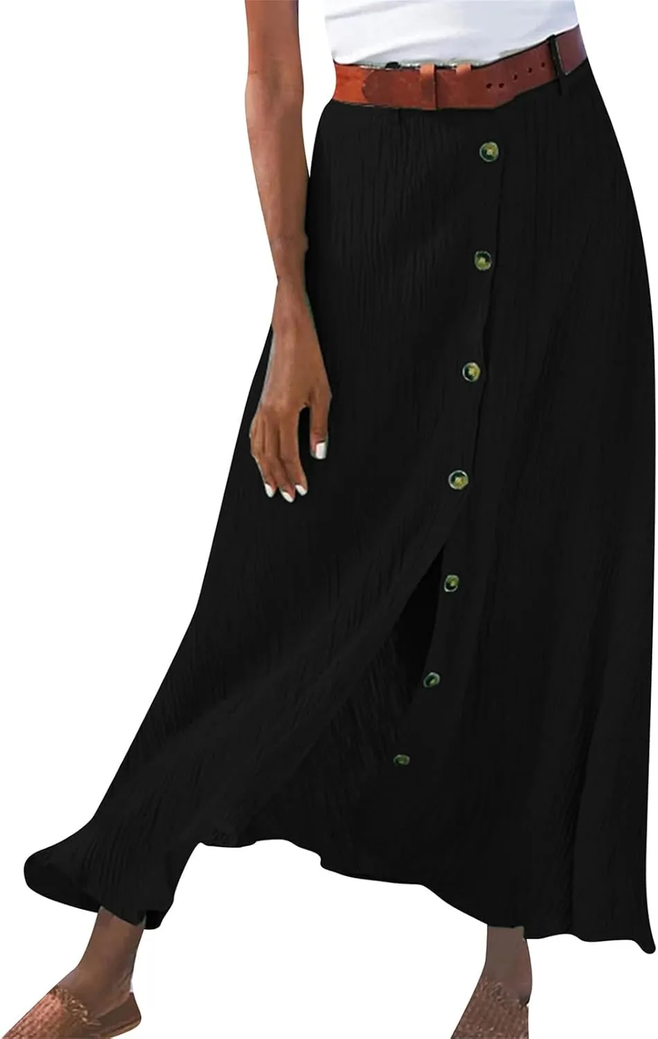 Womens Cotton Linen Skirts Button Down High Waist A Line Long Skirt Flowy Lightweight Slit Beach Maxi Skirt