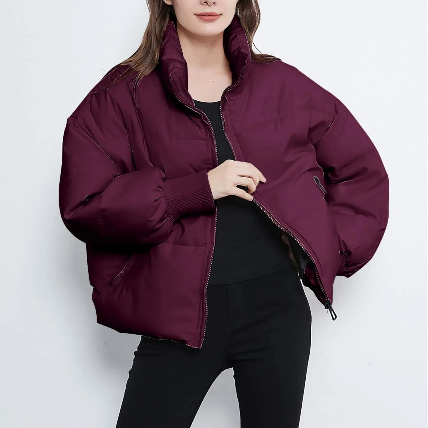 Womens Cropped Puffer Coat Lightweight Down Jacket Packable Parkas Jacket Short Zip Up Warm Hooded Quilted Coat