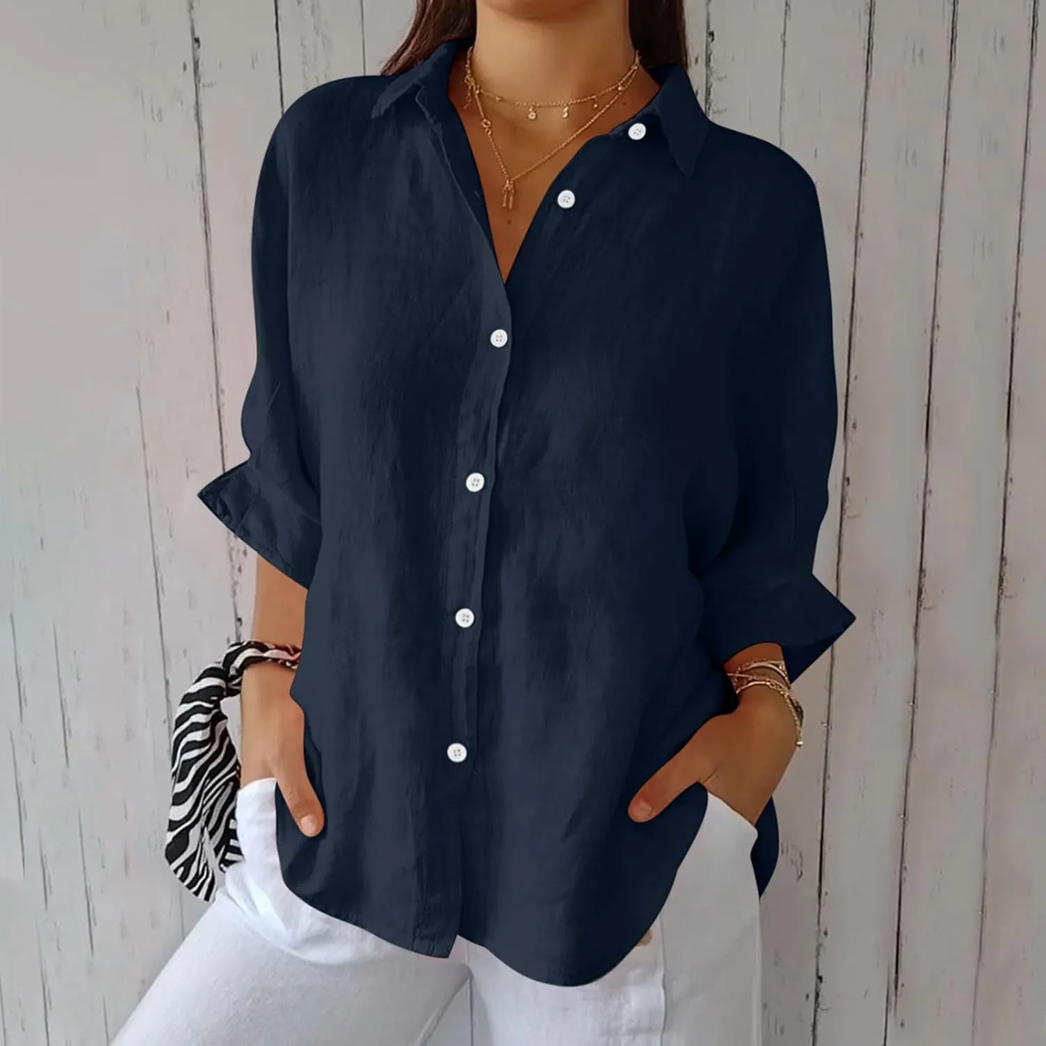 Womens Linen Button Shirt 2024 Casual Pleated 3/4 Sleeve Lapel Blouse Summer Loose Lace Up Cutout Slit Back Top