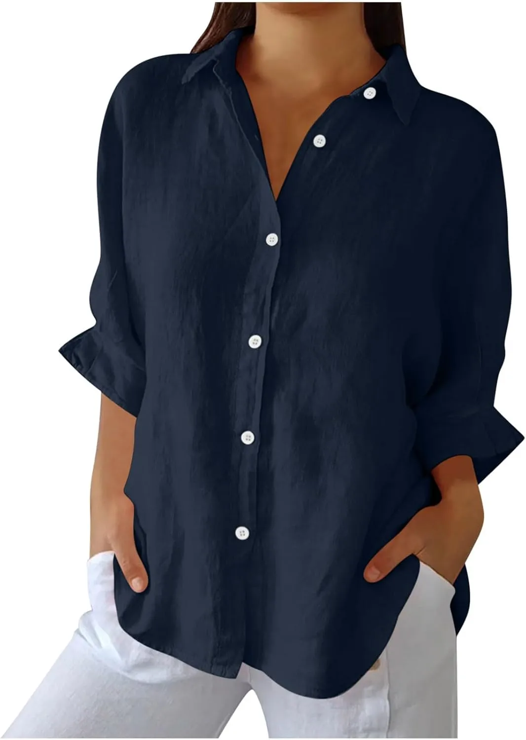 Womens Linen Button Shirt 2024 Casual Pleated 3/4 Sleeve Lapel Blouse Summer Loose Lace Up Cutout Slit Back Top