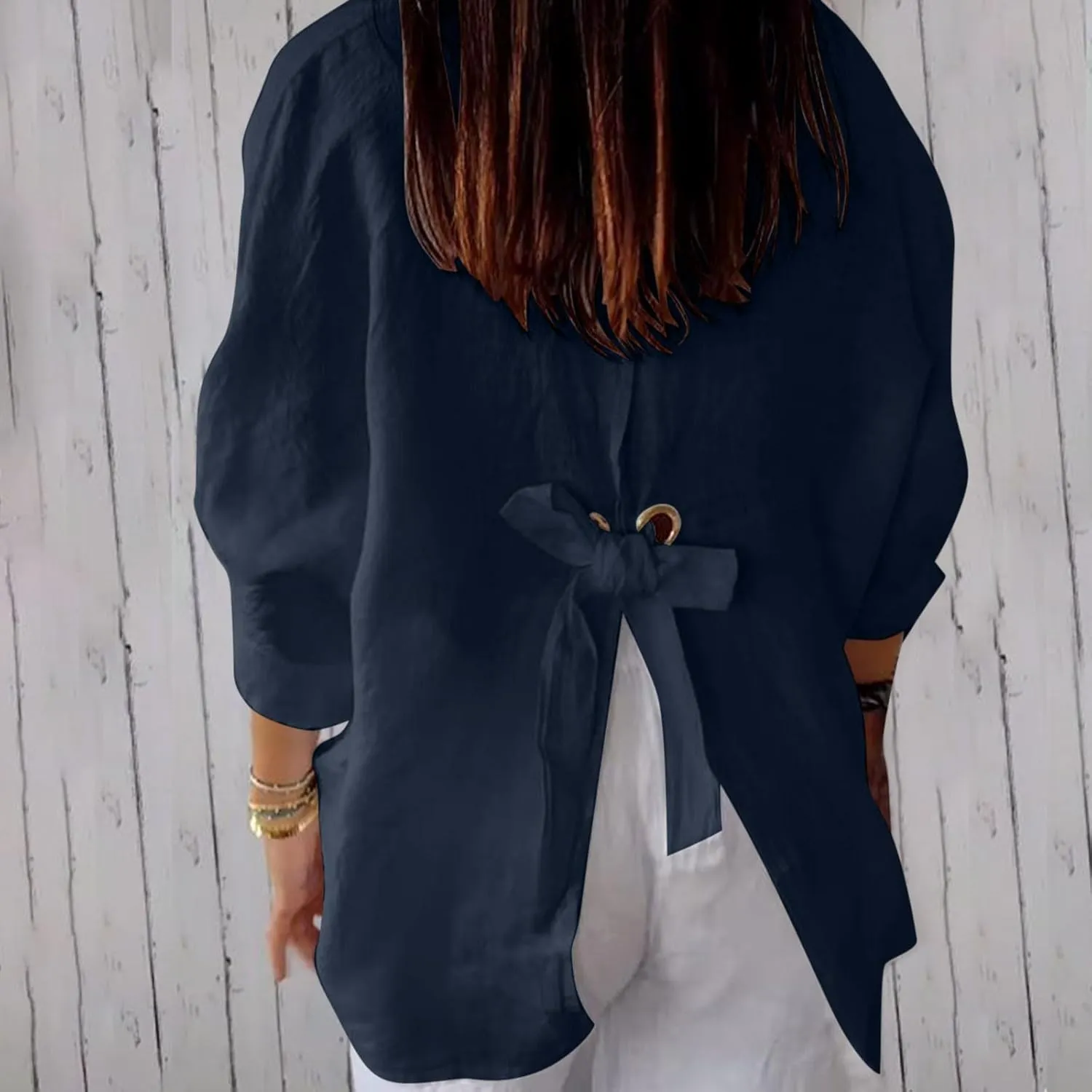 Womens Linen Button Shirt 2024 Casual Pleated 3/4 Sleeve Lapel Blouse Summer Loose Lace Up Cutout Slit Back Top