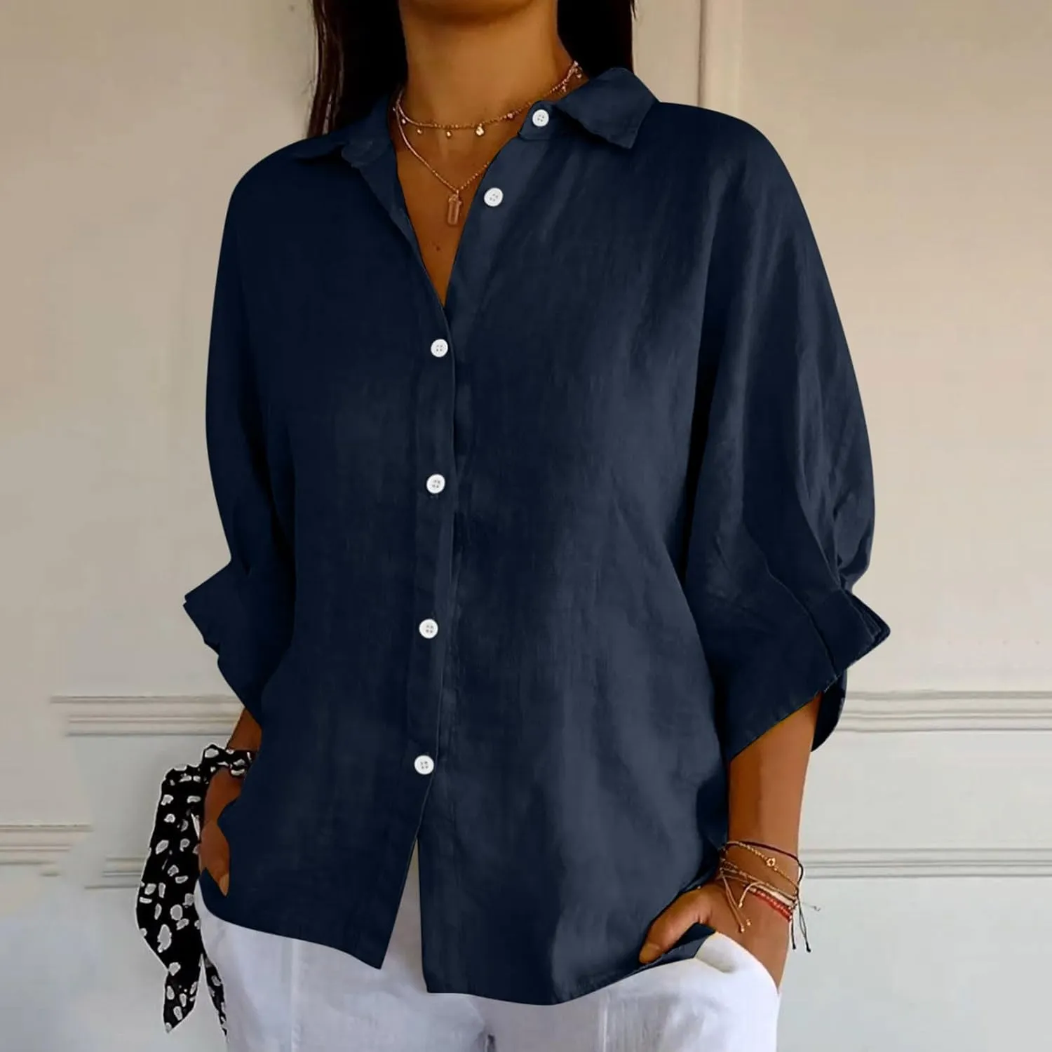 Womens Linen Button Shirt 2024 Casual Pleated 3/4 Sleeve Lapel Blouse Summer Loose Lace Up Cutout Slit Back Top