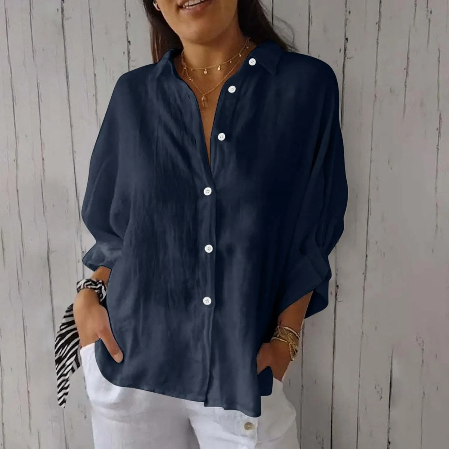 Womens Linen Button Shirt 2024 Casual Pleated 3/4 Sleeve Lapel Blouse Summer Loose Lace Up Cutout Slit Back Top