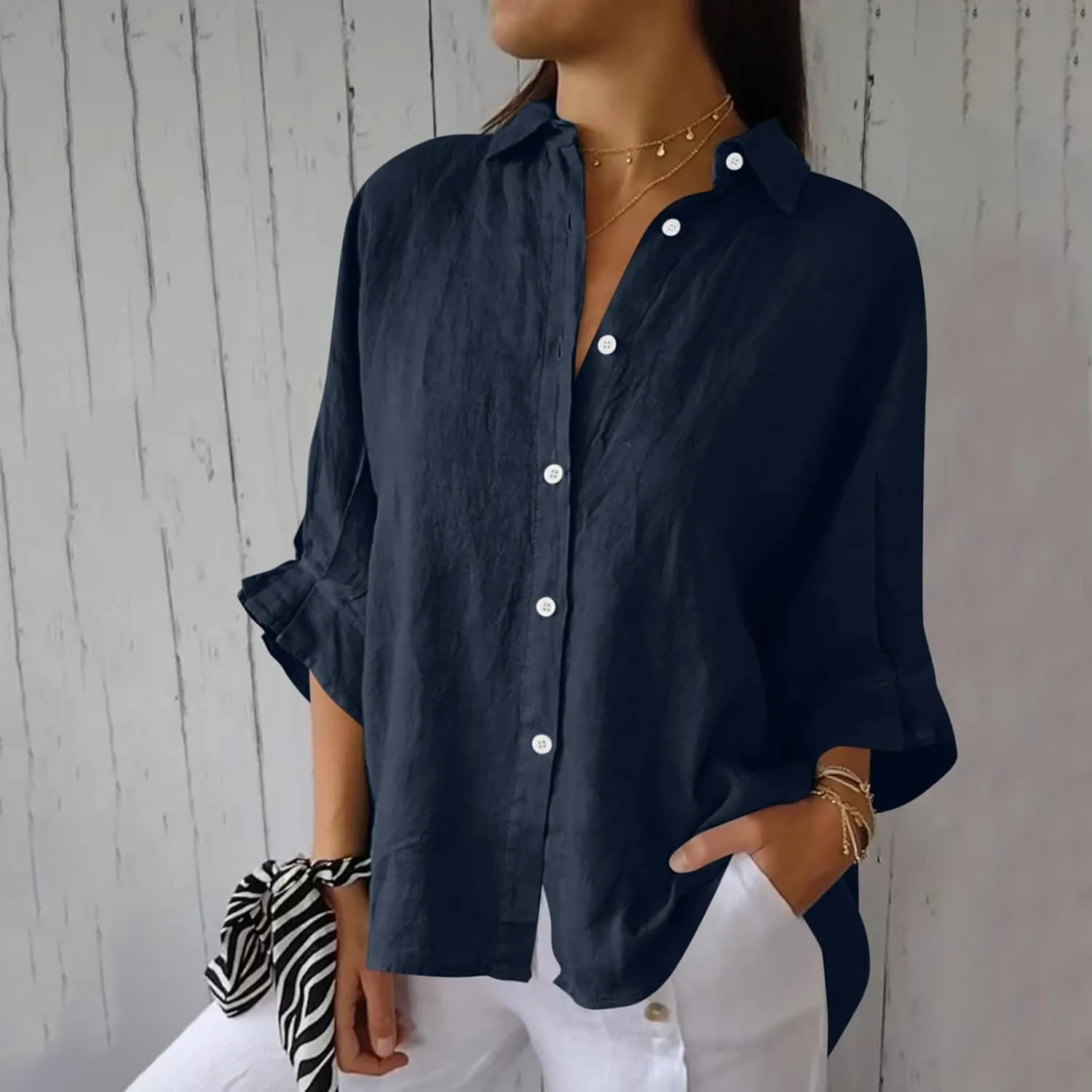 Womens Linen Button Shirt 2024 Casual Pleated 3/4 Sleeve Lapel Blouse Summer Loose Lace Up Cutout Slit Back Top