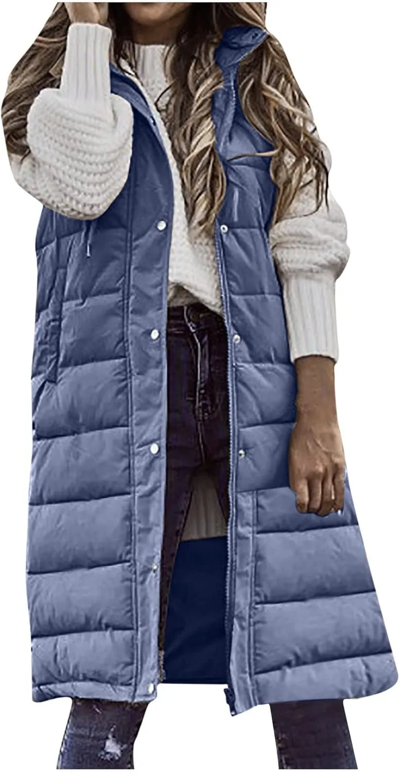 Women's Long Puffer Vest Cotton Sleeveless Puffy Jacket Womens Down Jackets Vest Zip Up Hooded Long Overcoat