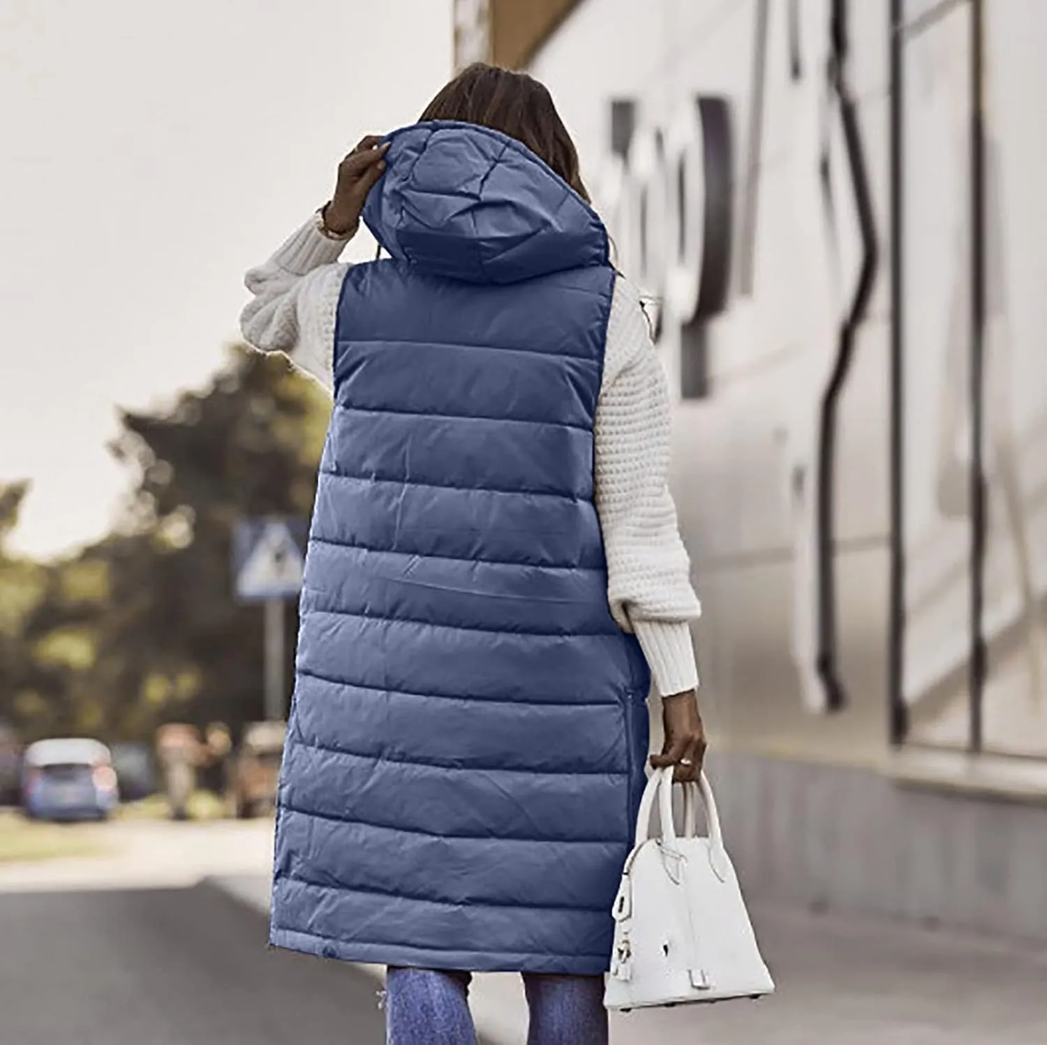 Women's Long Puffer Vest Cotton Sleeveless Puffy Jacket Womens Down Jackets Vest Zip Up Hooded Long Overcoat
