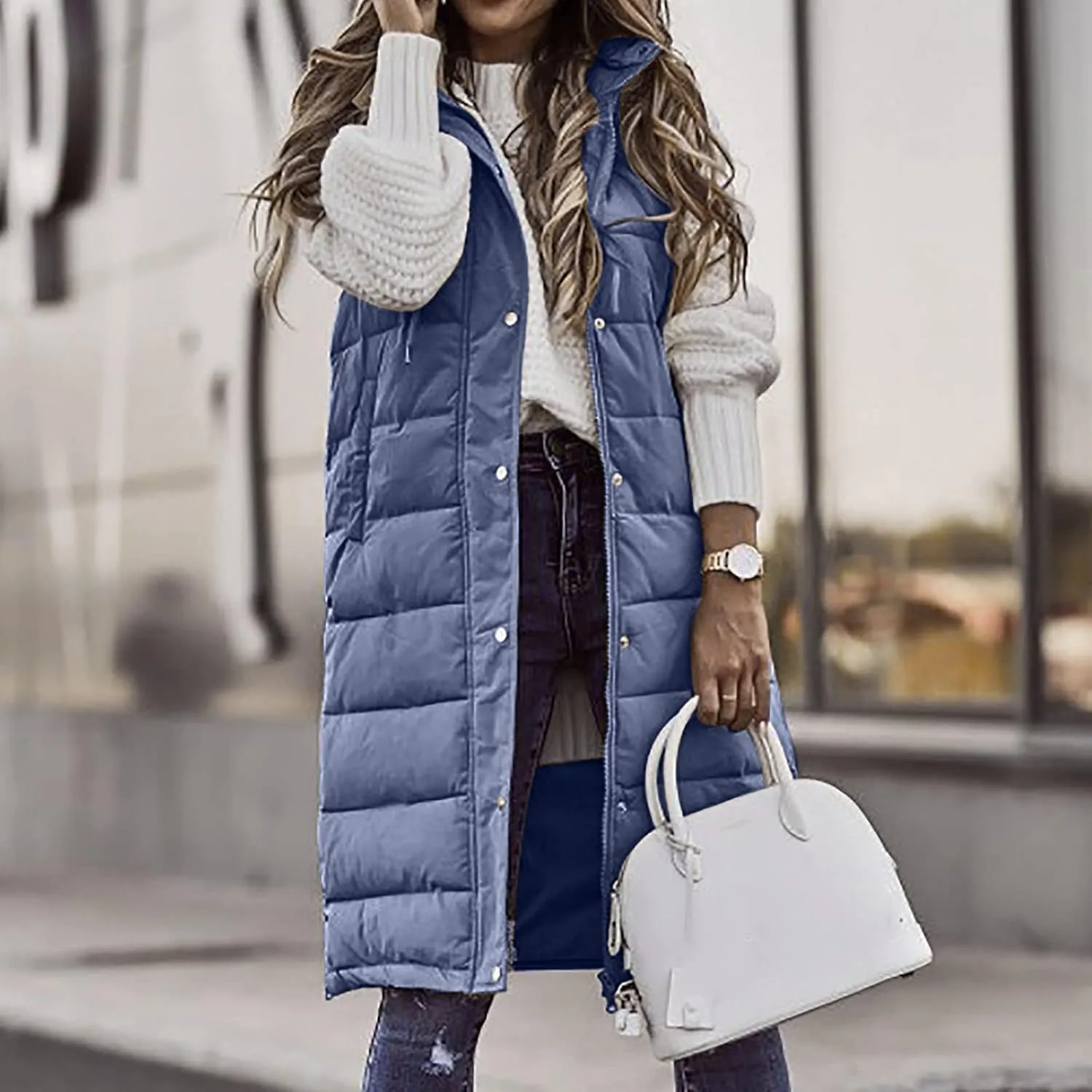 Women's Long Puffer Vest Cotton Sleeveless Puffy Jacket Womens Down Jackets Vest Zip Up Hooded Long Overcoat