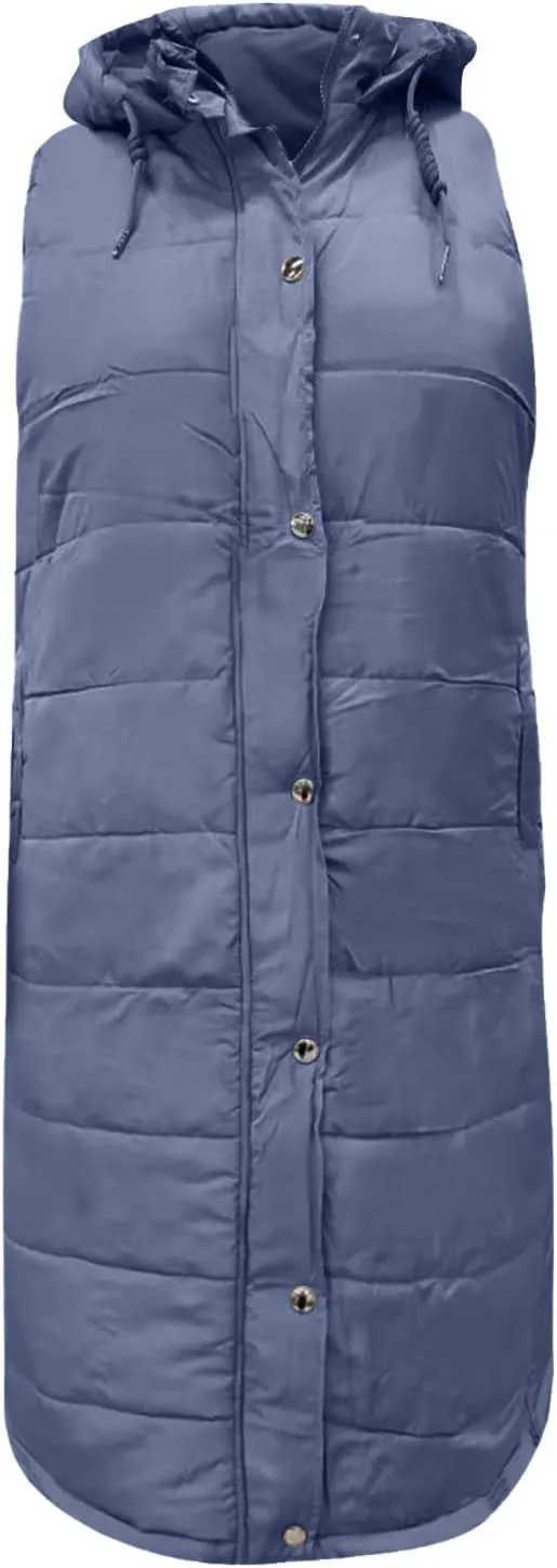 Women's Long Puffer Vest Cotton Sleeveless Puffy Jacket Womens Down Jackets Vest Zip Up Hooded Long Overcoat