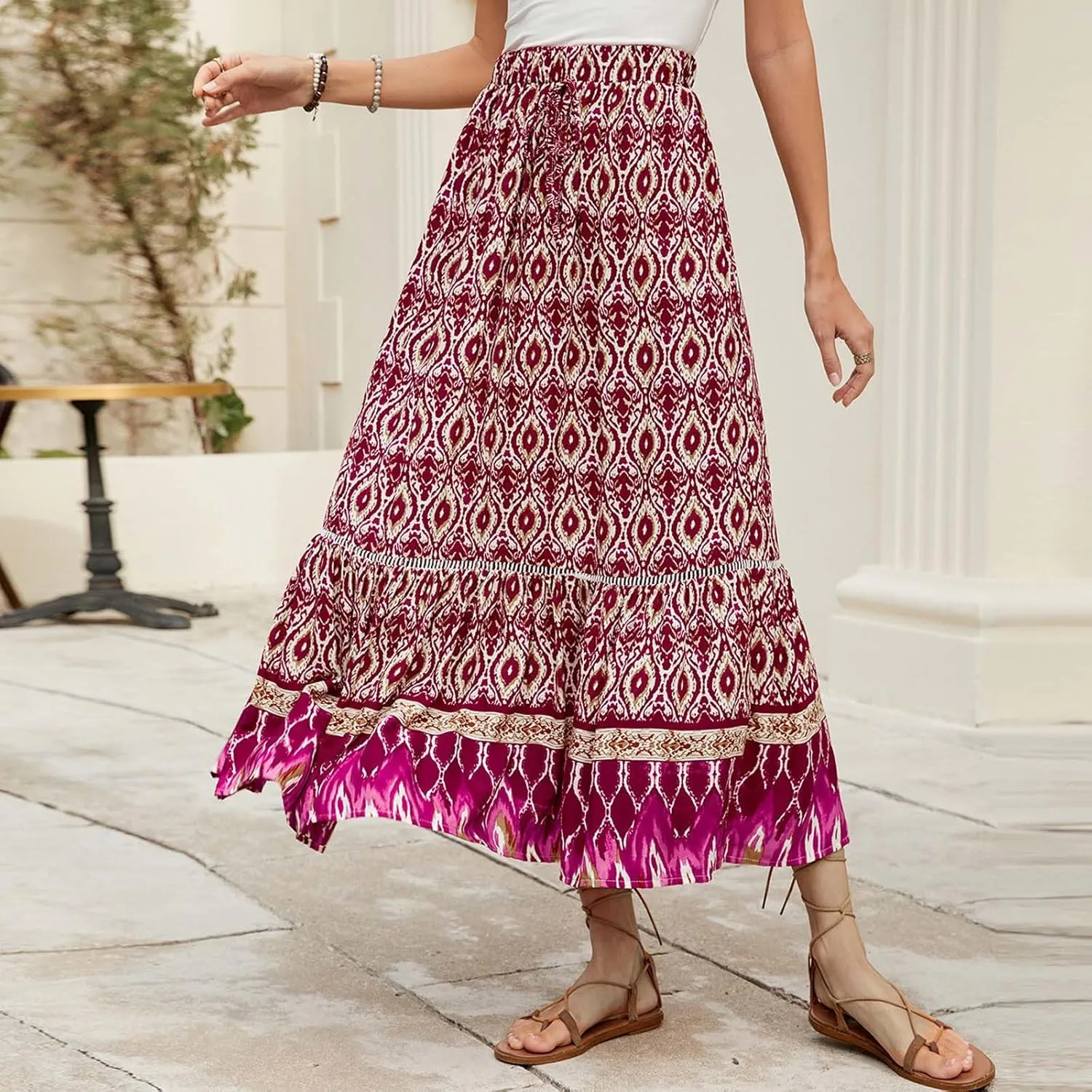 Womens Maxi Skirt for Summer Vacation Casual High Elastic Waist Bohemian Graphic Boha Floral Print Skirt Streetwear