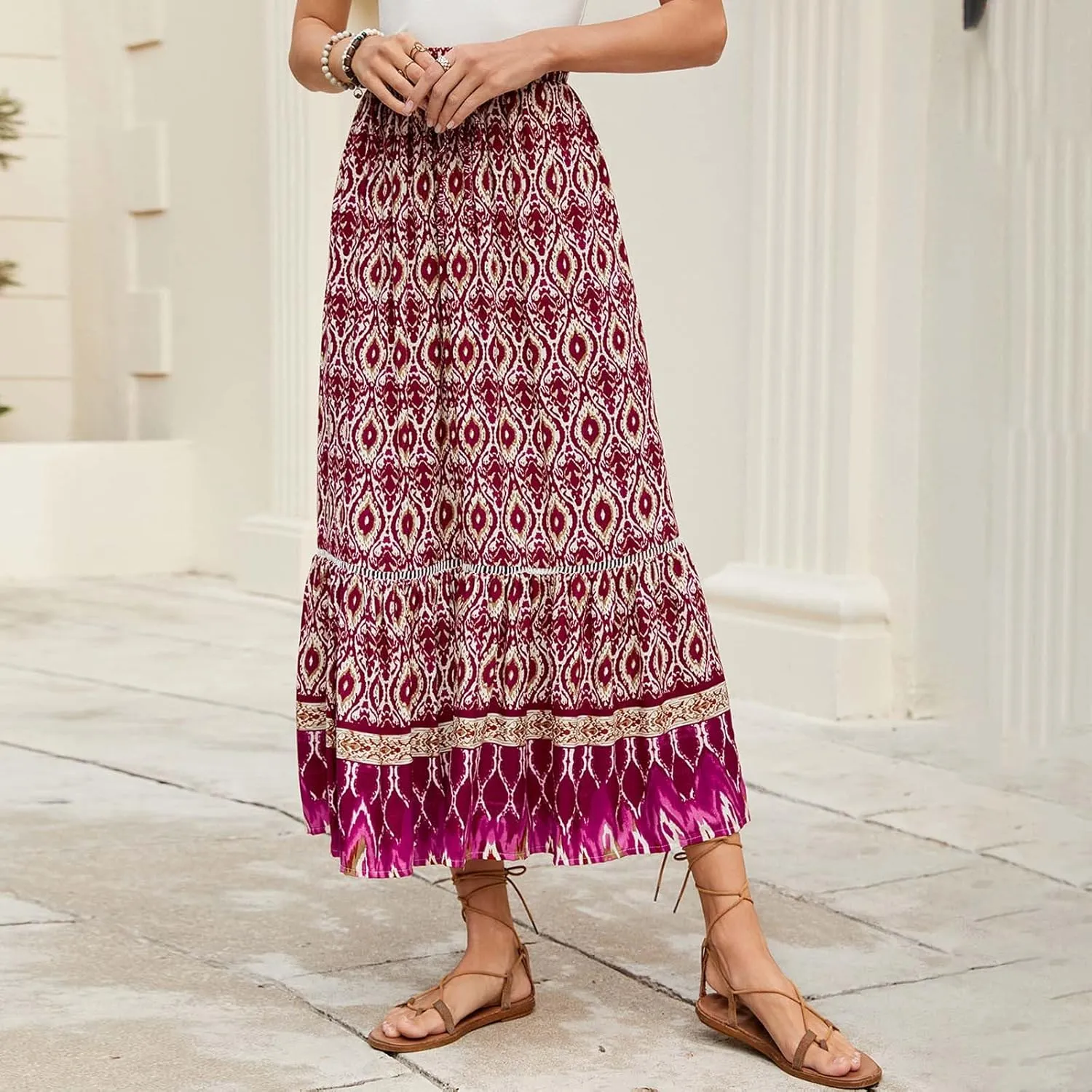 Womens Maxi Skirt for Summer Vacation Casual High Elastic Waist Bohemian Graphic Boha Floral Print Skirt Streetwear