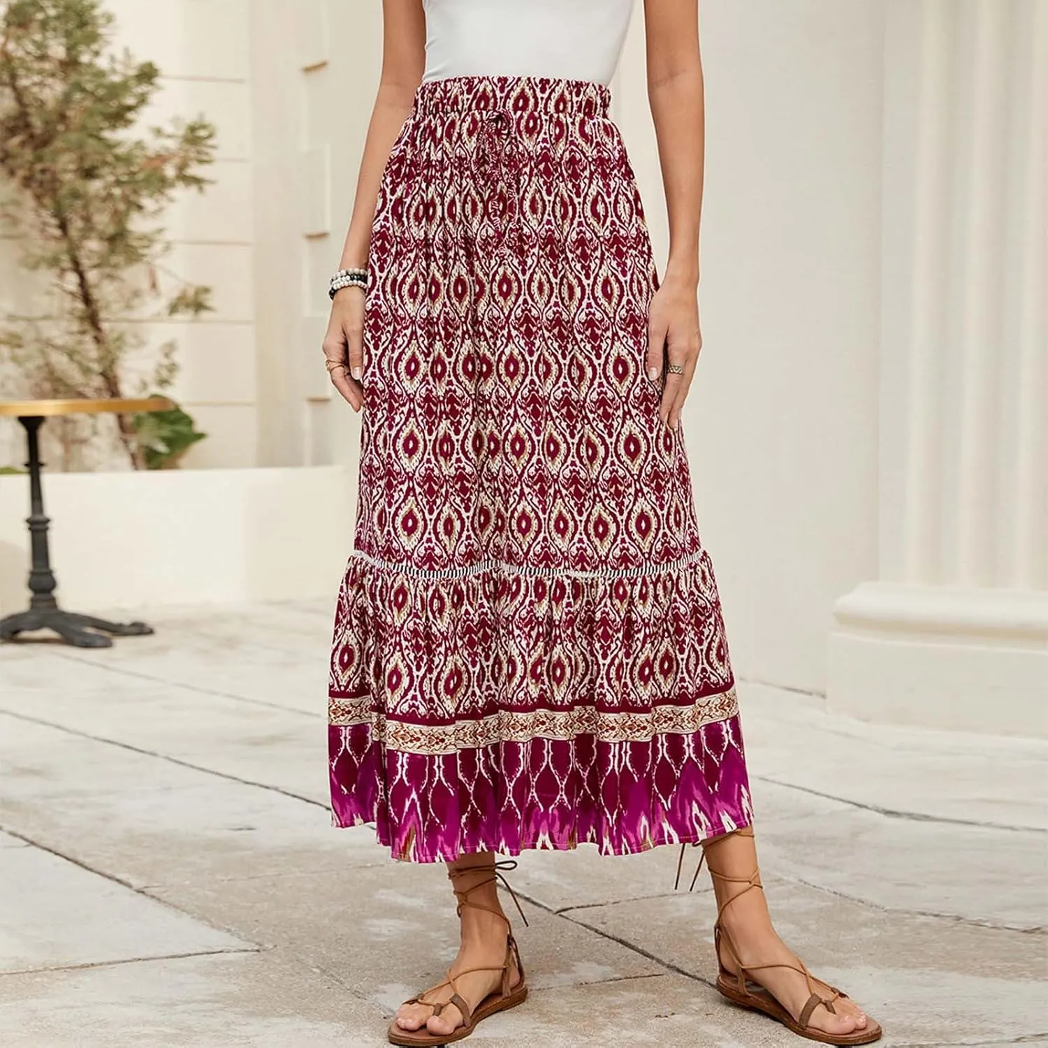 Womens Maxi Skirt for Summer Vacation Casual High Elastic Waist Bohemian Graphic Boha Floral Print Skirt Streetwear
