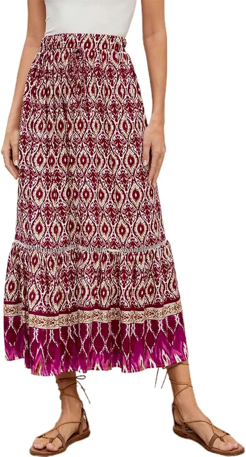 Womens Maxi Skirt for Summer Vacation Casual High Elastic Waist Bohemian Graphic Boha Floral Print Skirt Streetwear