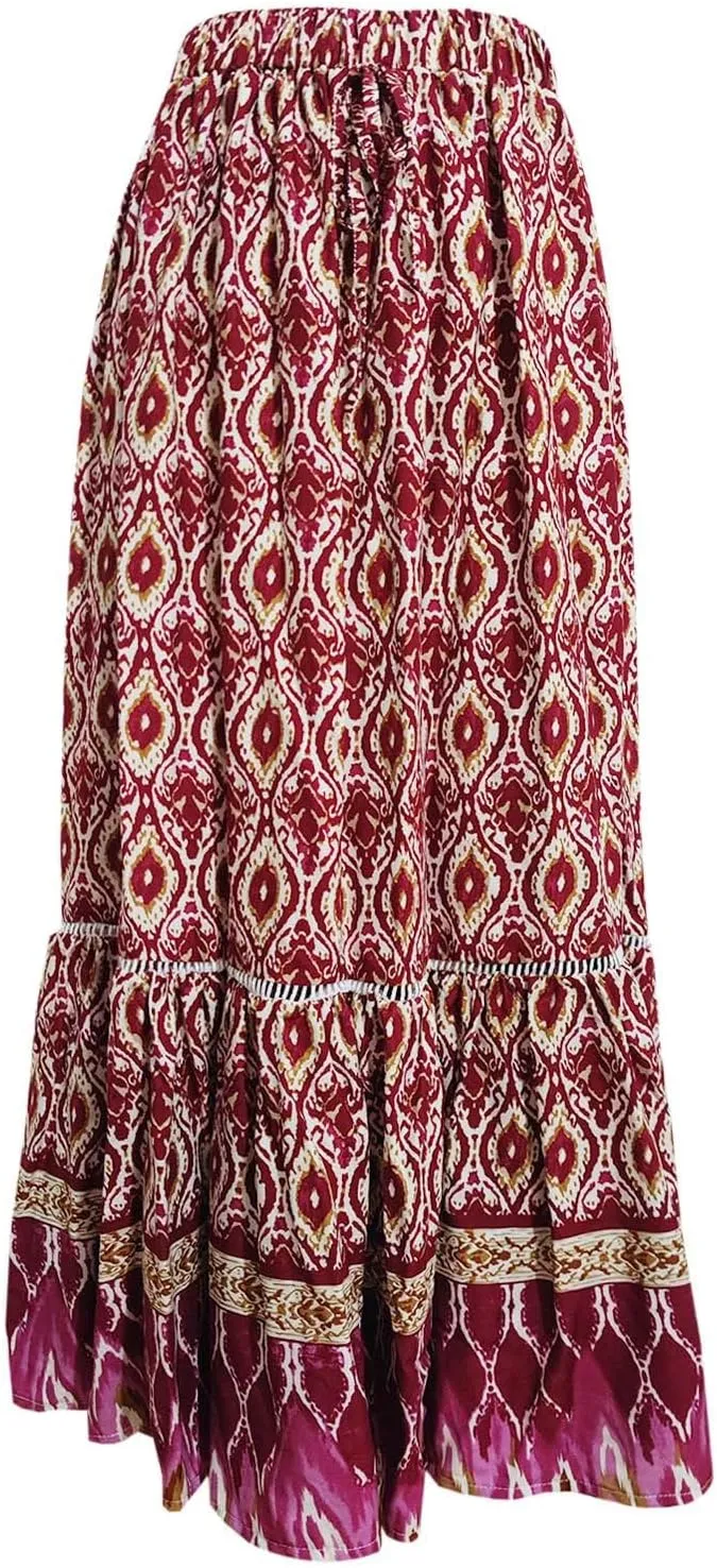 Womens Maxi Skirt for Summer Vacation Casual High Elastic Waist Bohemian Graphic Boha Floral Print Skirt Streetwear