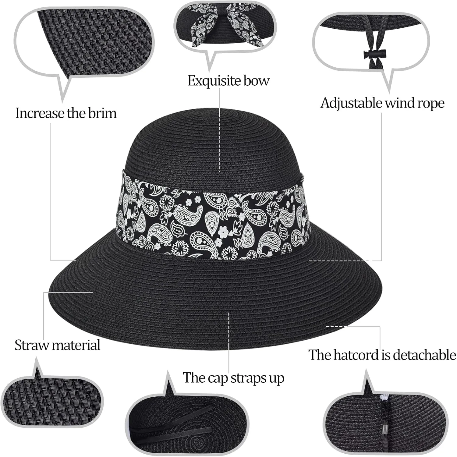 Womens Straw Sun Hat Summer Beach Wide Brim UV Protection Hats with Chin Strap Floppy Foldable Cute Bowknot UPF 50 Cap