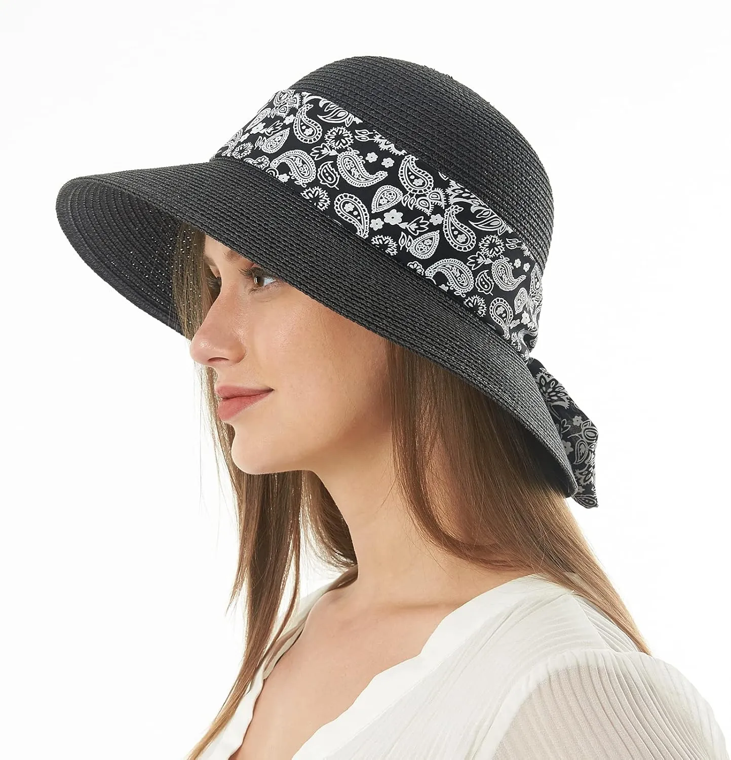 Womens Straw Sun Hat Summer Beach Wide Brim UV Protection Hats with Chin Strap Floppy Foldable Cute Bowknot UPF 50 Cap