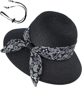 Womens Straw Sun Hat Summer Beach Wide Brim UV Protection Hats with Chin Strap Floppy Foldable Cute Bowknot UPF 50 Cap
