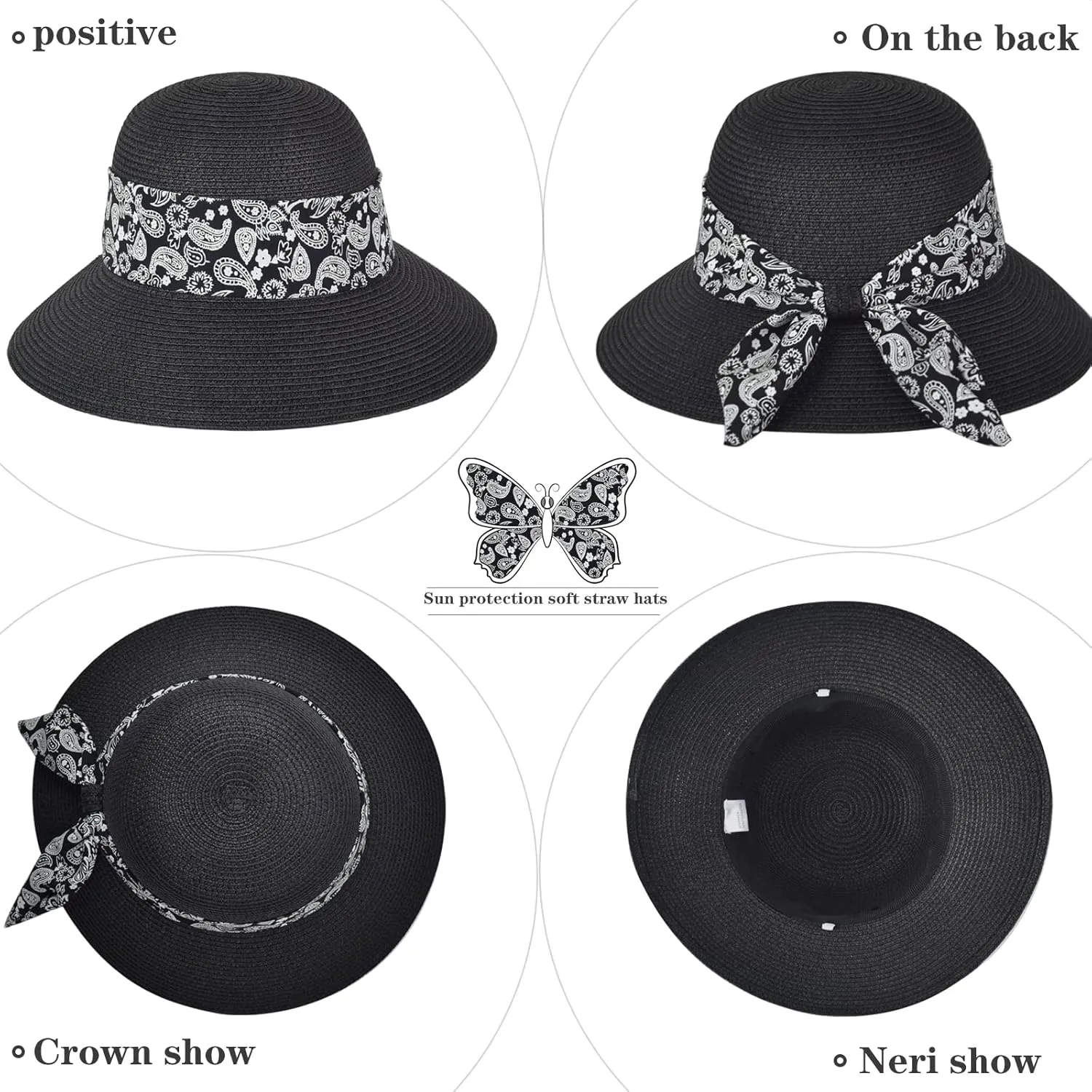 Womens Straw Sun Hat Summer Beach Wide Brim UV Protection Hats with Chin Strap Floppy Foldable Cute Bowknot UPF 50 Cap
