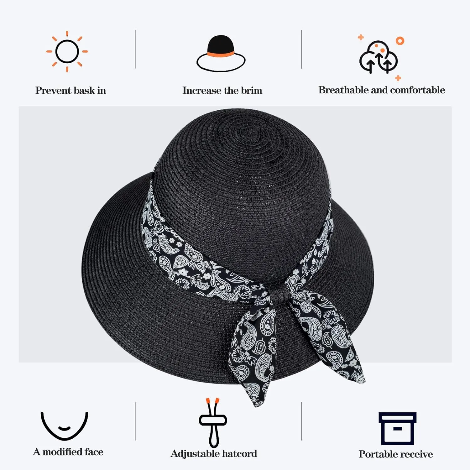 Womens Straw Sun Hat Summer Beach Wide Brim UV Protection Hats with Chin Strap Floppy Foldable Cute Bowknot UPF 50 Cap