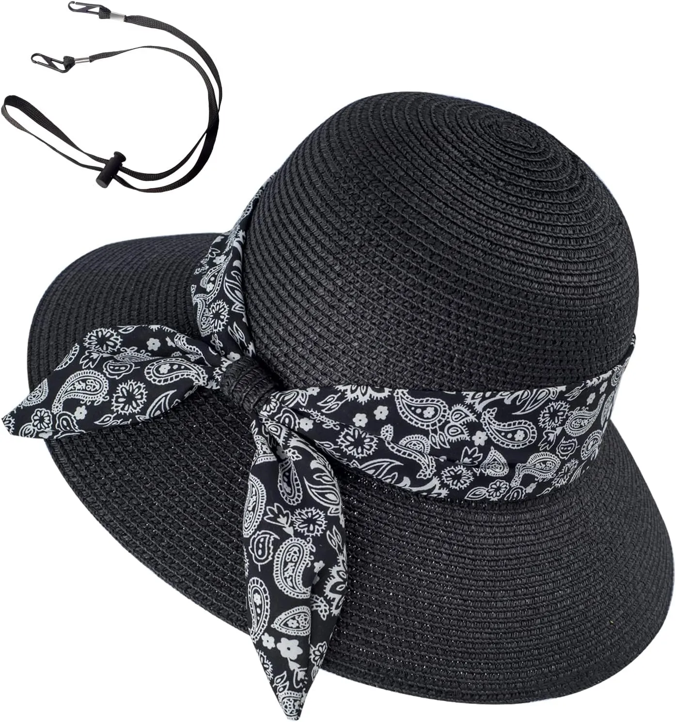 Womens Straw Sun Hat Summer Beach Wide Brim UV Protection Hats with Chin Strap Floppy Foldable Cute Bowknot UPF 50 Cap