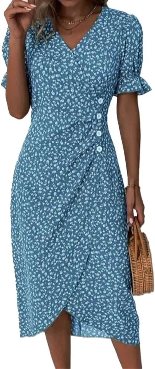 Women's Summer Wrap Dresses Floral Print Button V-Neck Polka Dot Dress Short Sleeve Ruffled Aline Midi Sundress Beach 2025