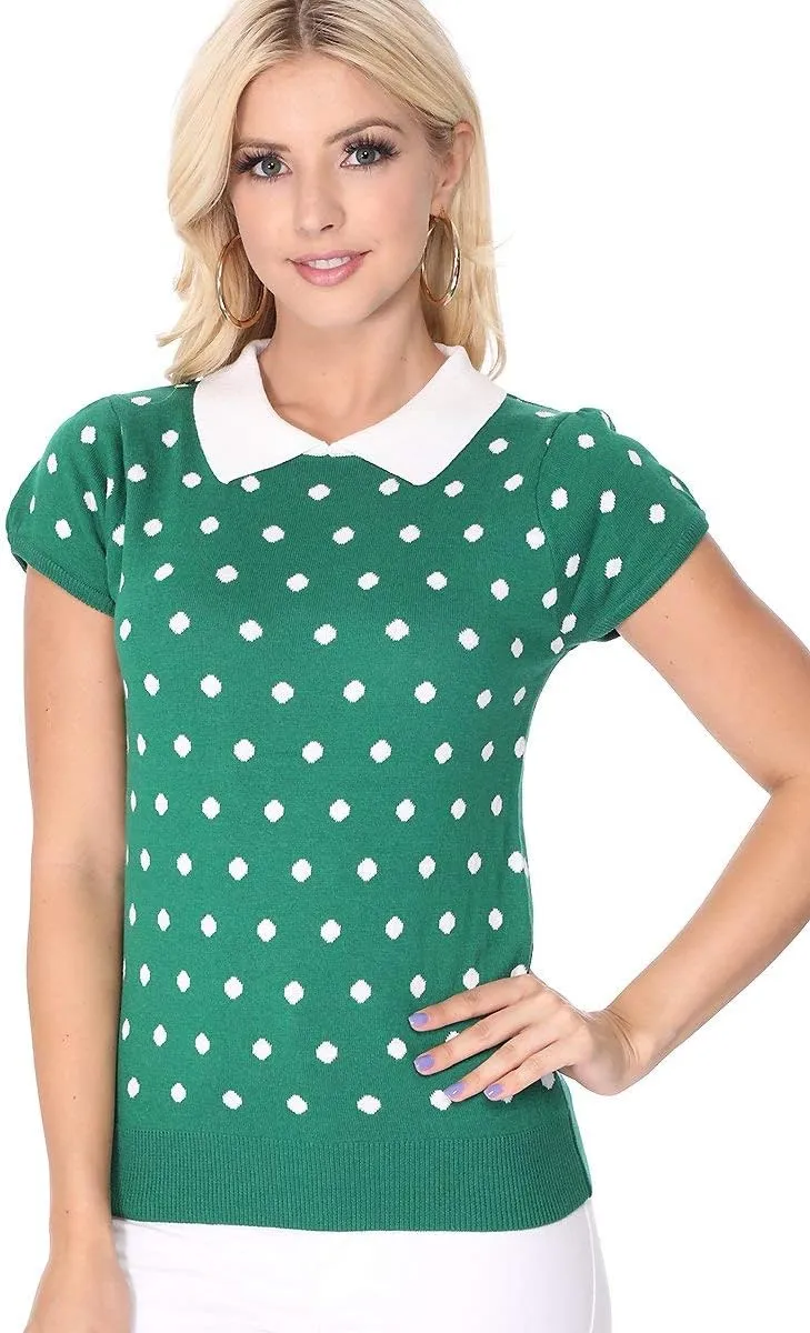 YEMAK Women's Knit Sweater Top – Short Sleeve Polka Dot Contrast Collar Puff Shoulder Classic Casual Knitted Pullover