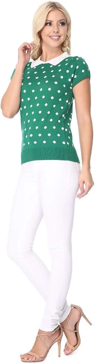 YEMAK Women's Knit Sweater Top – Short Sleeve Polka Dot Contrast Collar Puff Shoulder Classic Casual Knitted Pullover