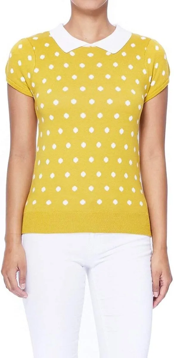 YEMAK Women's Knit Sweater Top – Short Sleeve Polka Dot Contrast Collar Puff Shoulder Classic Casual Knitted Pullover